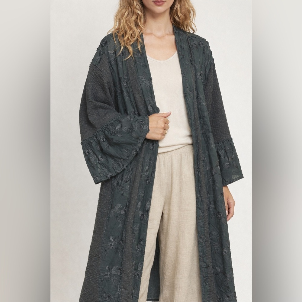 NEW POL Charcoal Green Patchwork Lace Long Duster Cardigan Boho Oversized - Picture 2 of 5